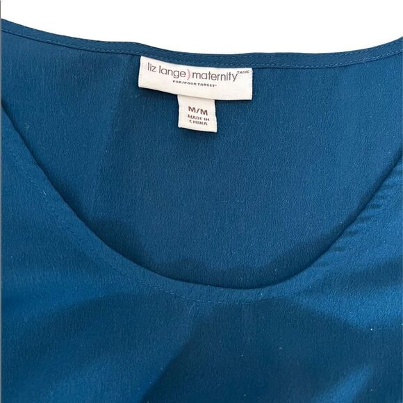 LIZ LANGE Maternity Teal Empire Waist Gathered Tie Back Scoop Neck Mini Dress M - Picture 8 of 9
